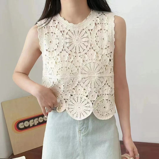 Boho Lace Crochet Crop Top – Sheer Knit Embroidered Tank Blouse for Women, Beachwear Style