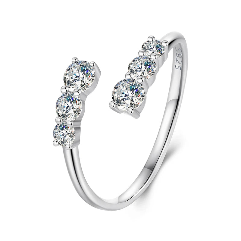 Adjustable Moissanite Open Ring – White Gold Plated 925 Sterling Silver with D Color VVS1 Stone for Women