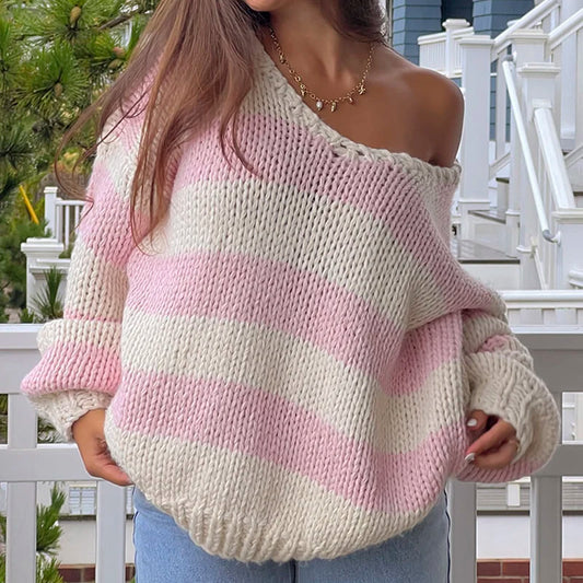 Women's Striped Chunky Knit Oversized Sweater – Drop Shoulder V-Neck Long Sleeve Pullover for Autumn and Winter Vintage Style