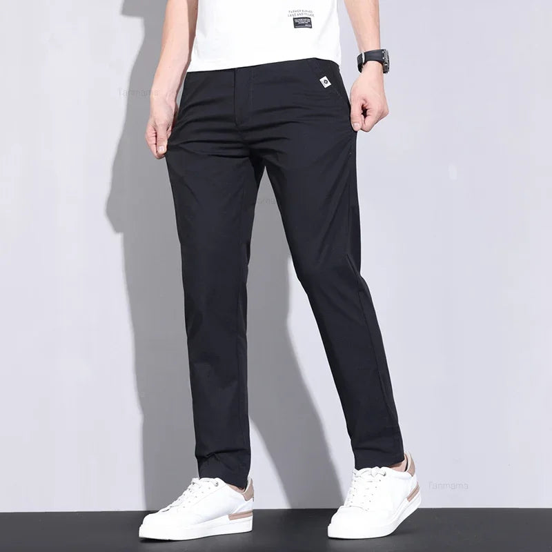 Ultra-Thin Ice Silk Men's Summer Business Pants – Slim Fit Stretch Straight Trousers with Pockets