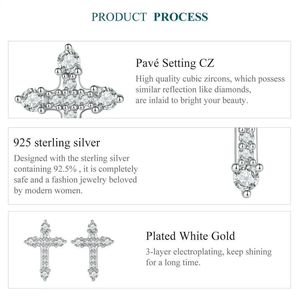 925 Sterling Silver Platinum-Plated Cross Stud Earrings – Hypoallergenic CZ Faith Jewelry for Women