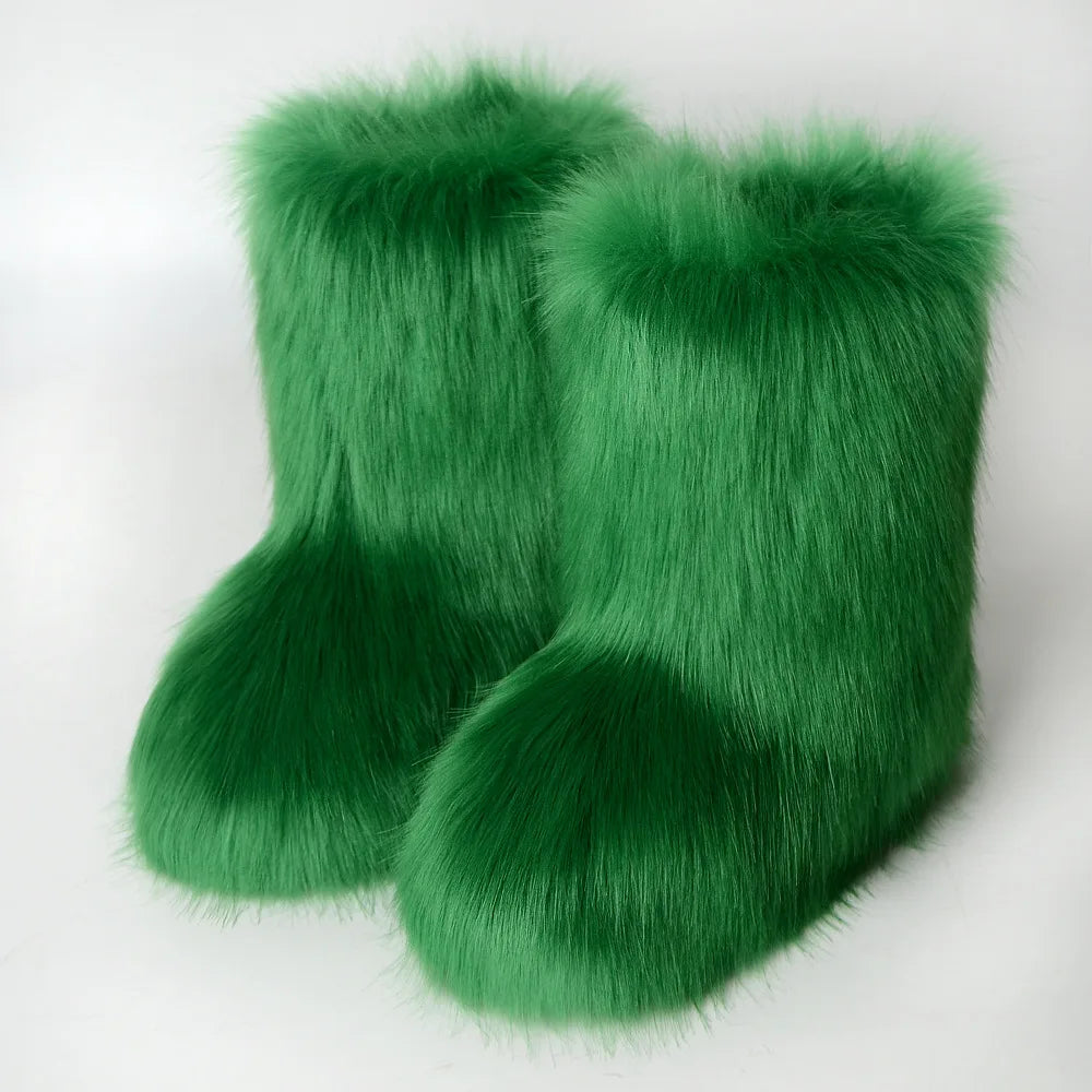 Women's Faux Fur Winter Snow Boots – Mid-Calf Plush Furry Slip-On Boots with Warm Lining and Rubber Sole