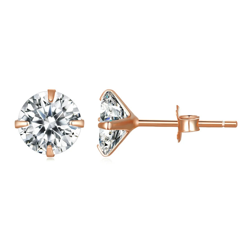 Sterling Silver CZ Stud Earrings – Round Platinum-Plated Hypoallergenic Zirconia in Multiple Sizes (4mm–7mm)