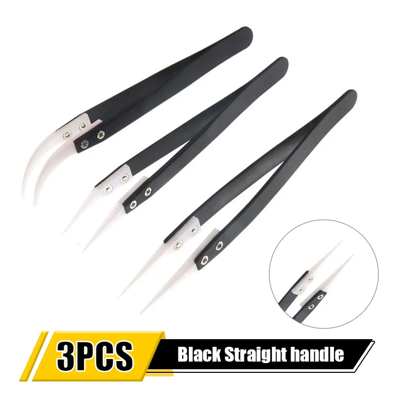 1/3pcs Ceramic Tip Stainless Steel Tweezers Set – Anti-Static Heat & Acid Resistant Soldering Tools