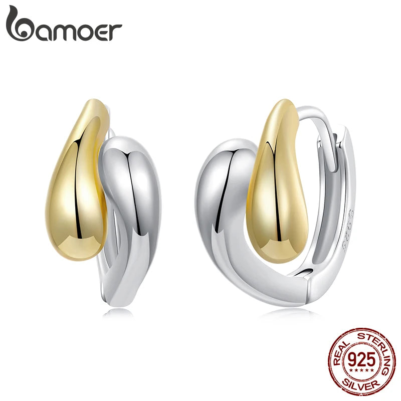 Two-Tone Waterdrop Hoop Earrings – 14K Gold & 925 Sterling Silver Chunky Twisted Link Style for Women