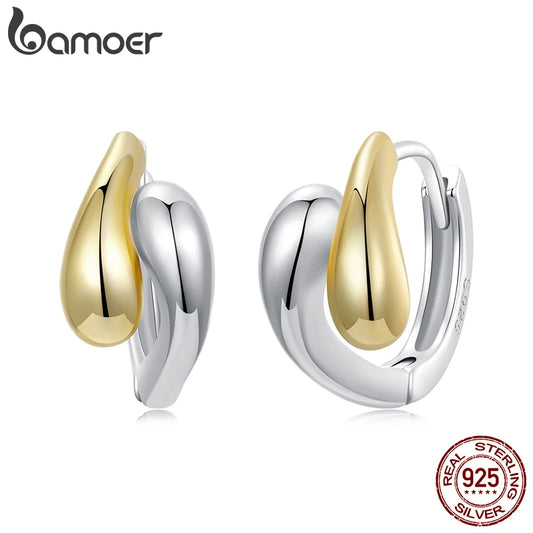 Two-Tone Waterdrop Hoop Earrings – 14K Gold & 925 Sterling Silver Chunky Twisted Link Style for Women