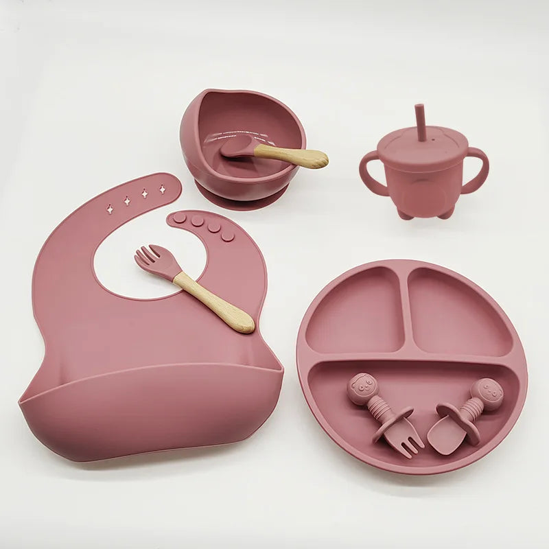 Children's Silicone Tableware Set – 6/8-Piece Baby Feeding Kit with Suction Bowl, Fork, Spoon, Bib, Straw & Cup