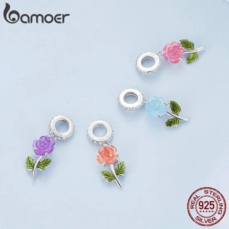 925 Sterling Silver Rose Hanging Charm – Color-Changing Flower Pendant for Bracelet or Necklace DIY