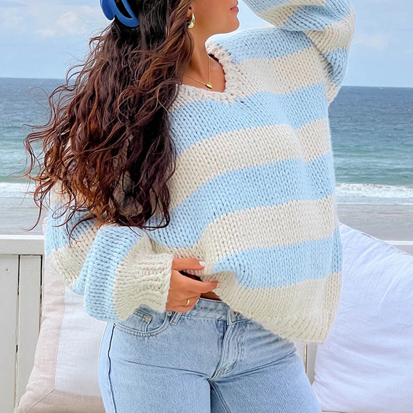Women's Striped Chunky Knit Oversized Sweater – Drop Shoulder V-Neck Long Sleeve Pullover for Autumn and Winter Vintage Style
