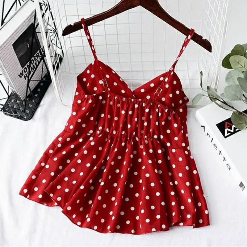 Women's Red Polka Dot Sleeveless Chiffon Blouse – V-Neck Short Pullover Top for Spring/Summer