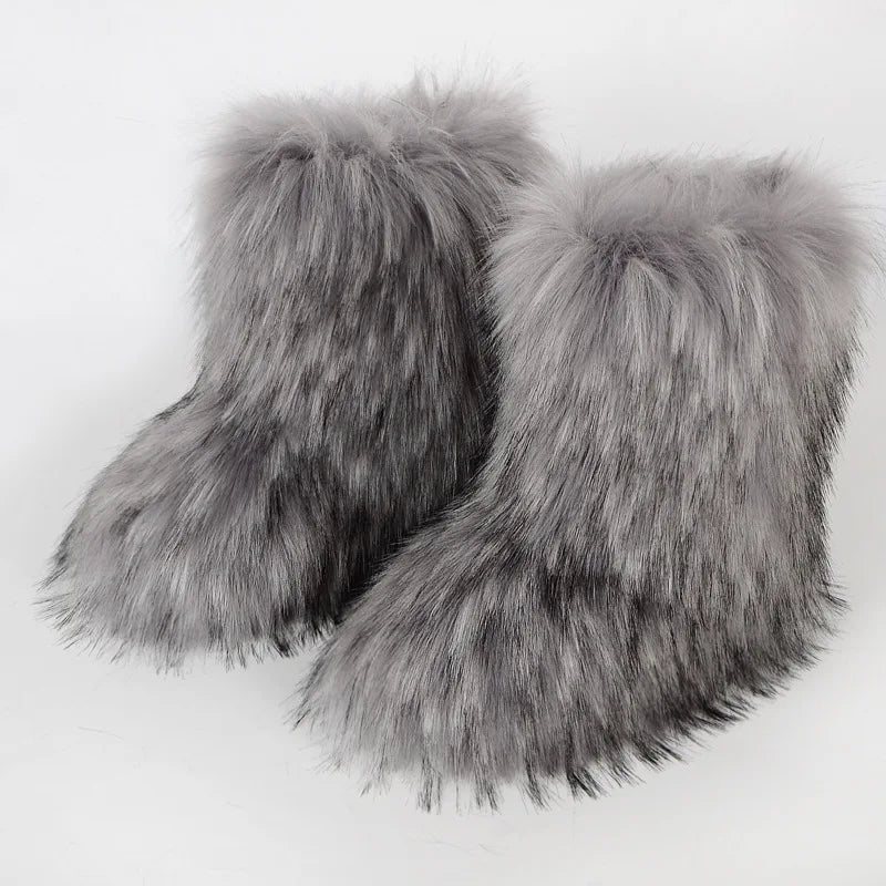 Women's Faux Fur Winter Snow Boots – Fluffy Plush Mid-Calf Slip-On Boots with Flat Sole for Cold Weather Comfort