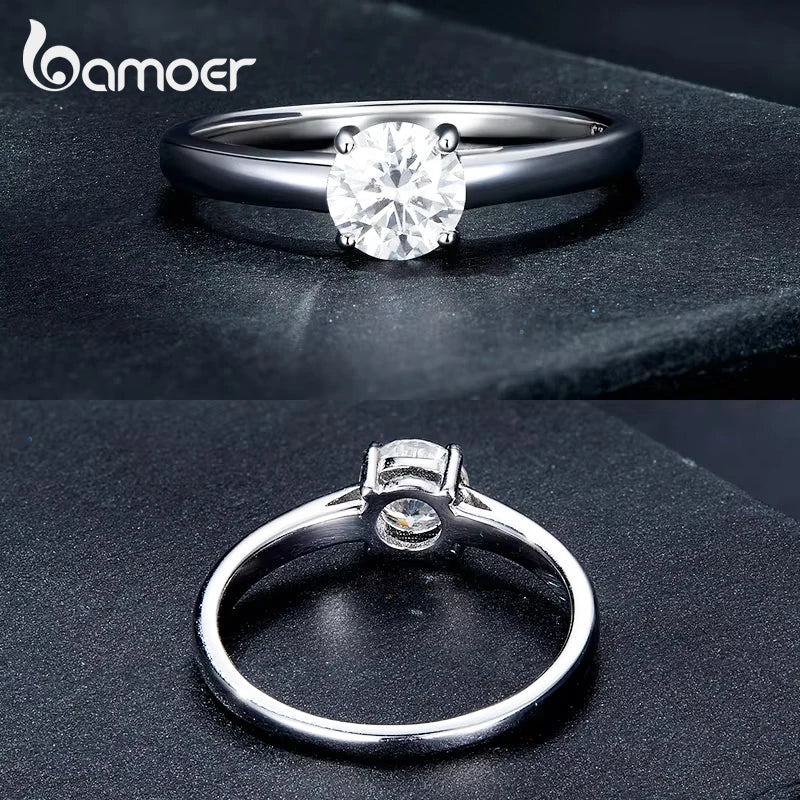 0.6 Carat Round Moissanite Engagement Ring – Platinum Plated 925 Sterling Silver Solitaire with 4-Prong Setting for Women