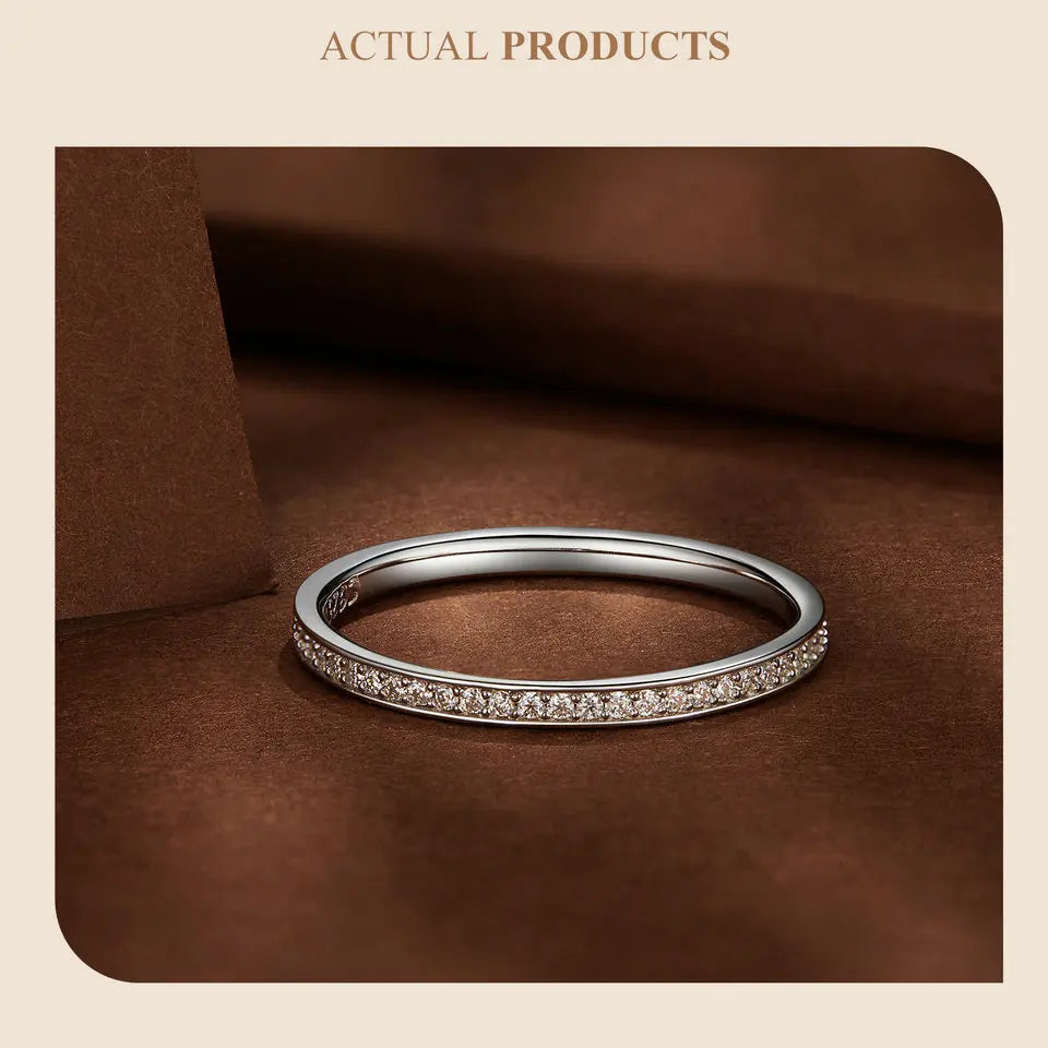 Sterling Silver Moissanite Eternity Wedding Band – Platinum Plated Stackable Ring for Women