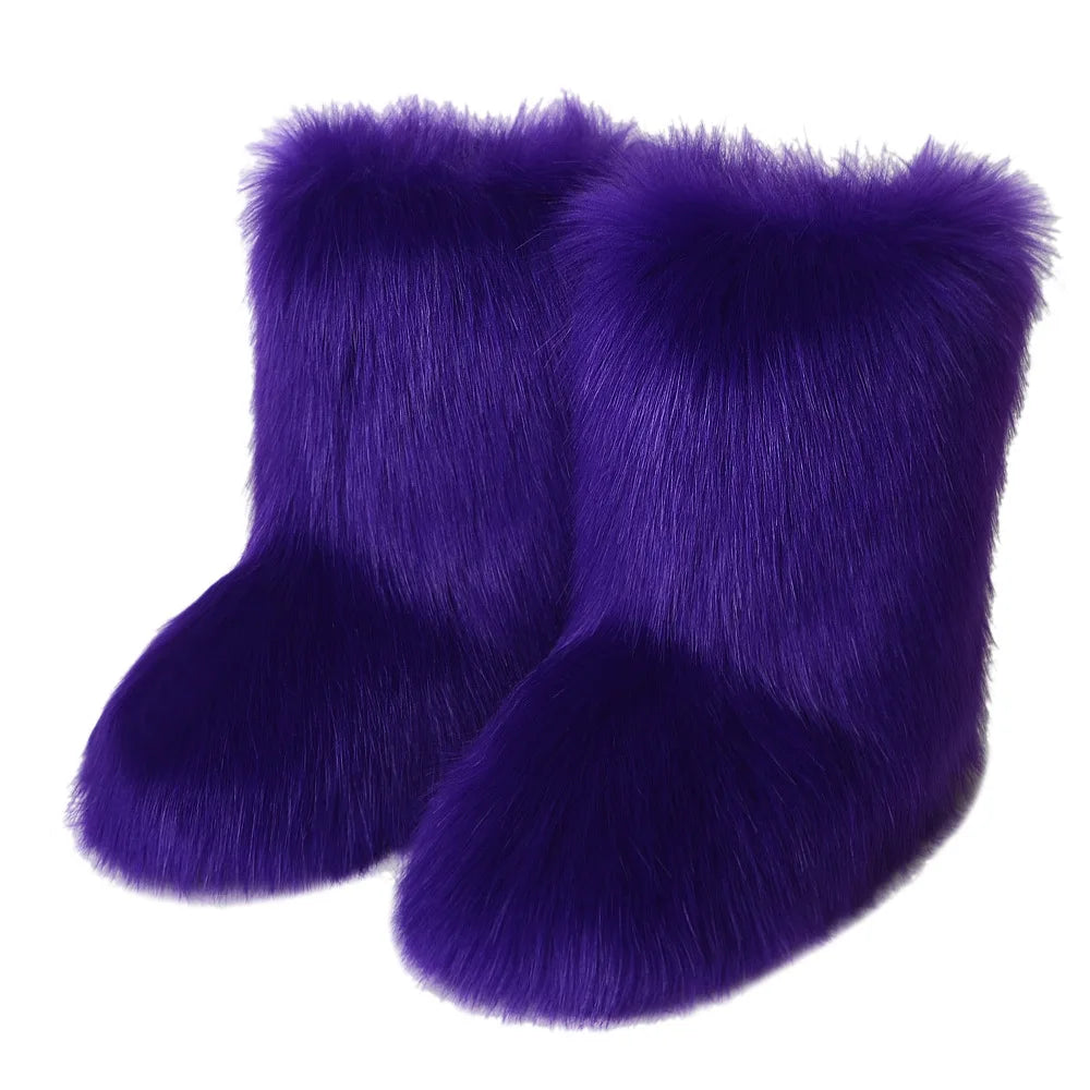 Women's Faux Fur Winter Snow Boots – Mid-Calf Plush Furry Slip-On Boots with Warm Lining and Rubber Sole