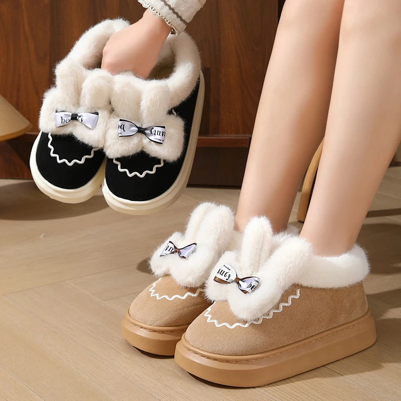 Women's Cute Furry Rabbit Ear Winter Snow Boots – Faux Fur Ankle Boots with Thick Sole and Plush Lining