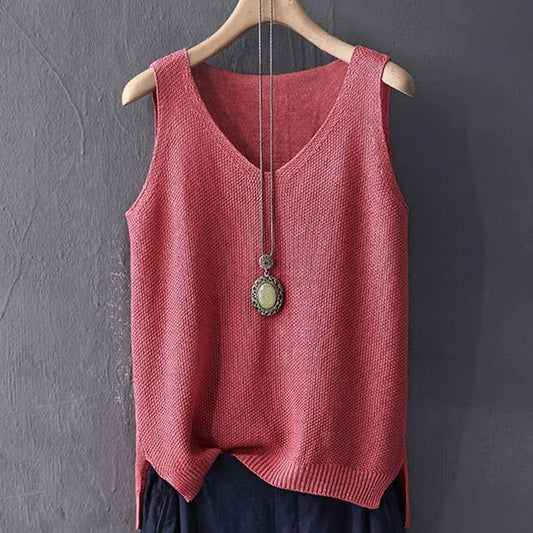 Sleeveless Knitted V-Neck Blouse for Women – Summer Casual Straight-Fit Top