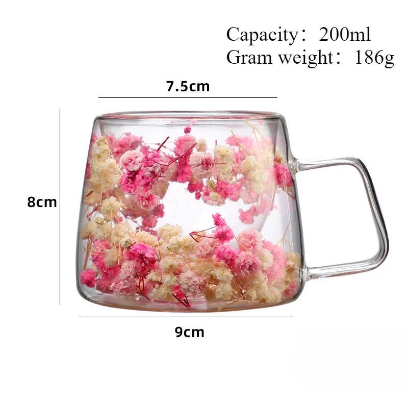 200ml Double-Wall Glass Coffee Cup with Handle – Transparent Floral Design, Heat-Resistant Insulated Juice Mug