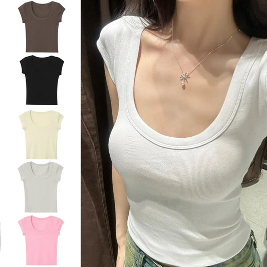 Cotton Blend Slim Fit Basic Tee – Multi-Color Threaded Short Sleeve Round Neck Top