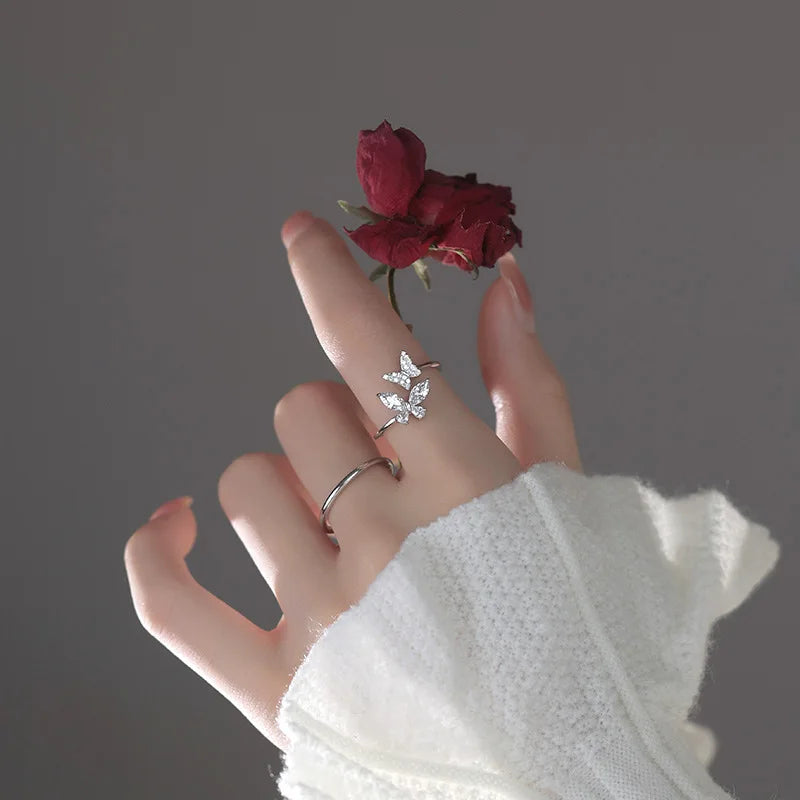 925 Sterling Silver Butterfly Open Ring with Zircon – Elegant Adjustable Cocktail Ring for Women