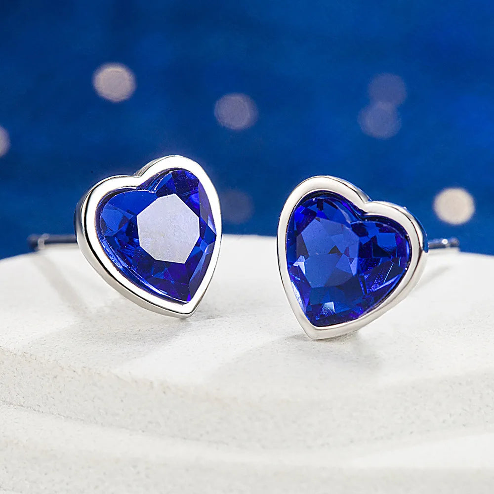 925 Sterling Silver Heart-Shaped Blue Crystal Stud Earrings – Romantic Wedding Jewelry for Women