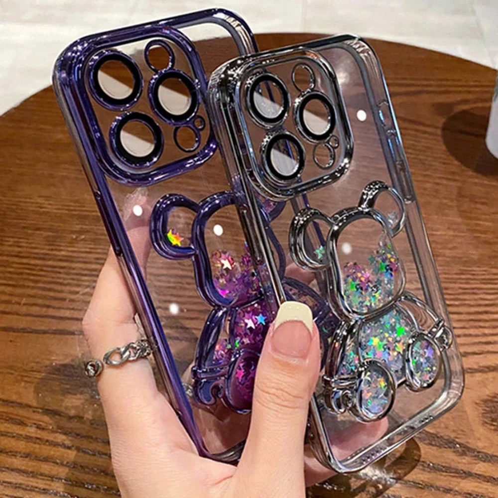 Cartoon Bear Glitter Quicksand Case for iPhone 7/8 Plus/X/XS/XR/11/12/13/14/15/16 Series – Transparent TPU Cover with Plating and Camera Protection