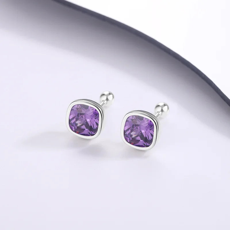 925 Sterling Silver Square Purple Zircon Stud Earrings – Elegant Women’s Piercing Jewelry for Party or Formal Wear