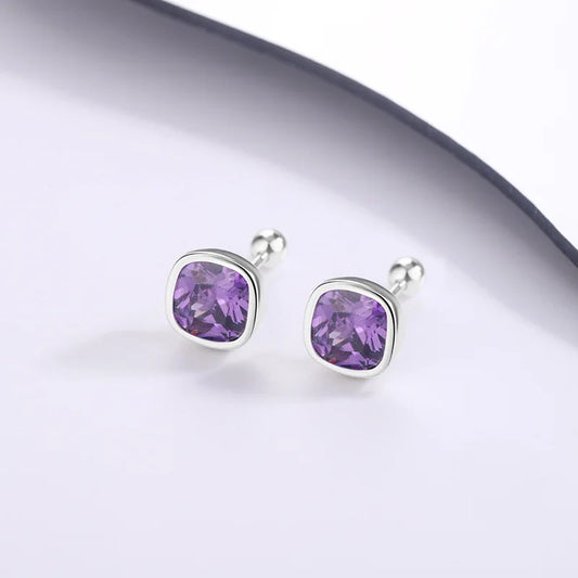 925 Sterling Silver Square Purple Zircon Stud Earrings – Elegant Women’s Piercing Jewelry for Party or Formal Wear