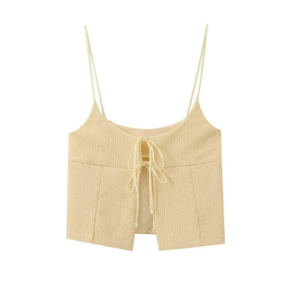 Women's Lace-Up Smock Crop Blouse – Sleeveless Pleated O-Neck Sling Top