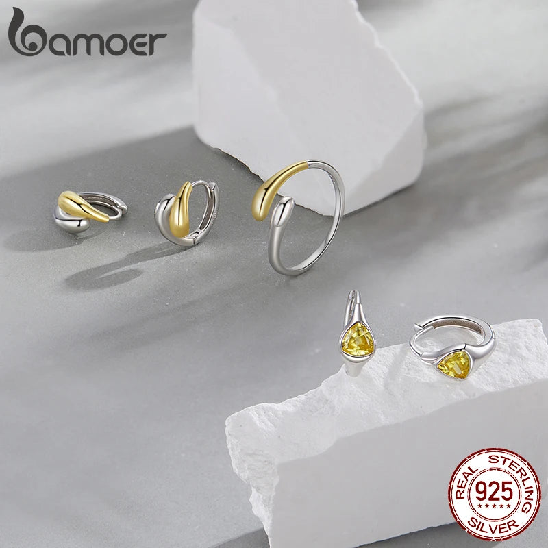 Two-Tone Waterdrop Hoop Earrings – 14K Gold & 925 Sterling Silver Chunky Twisted Link Style for Women