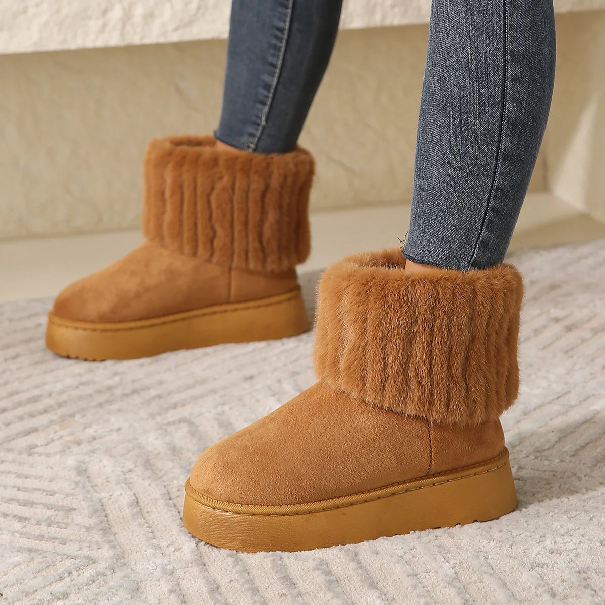 Women's Waterproof Winter Snow Boots – Black Round Toe Flock Mid-Heel Ankle Boots with Plush Lining
