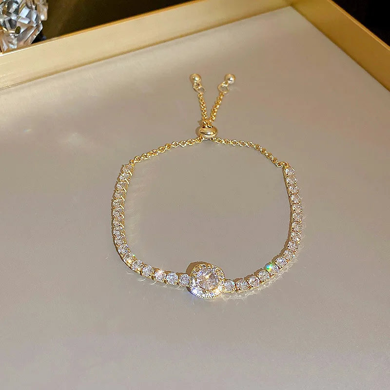 18K Gold Plated Adjustable Bracelet for Women – Rhinestone Heart Link with Square Zircon Charm