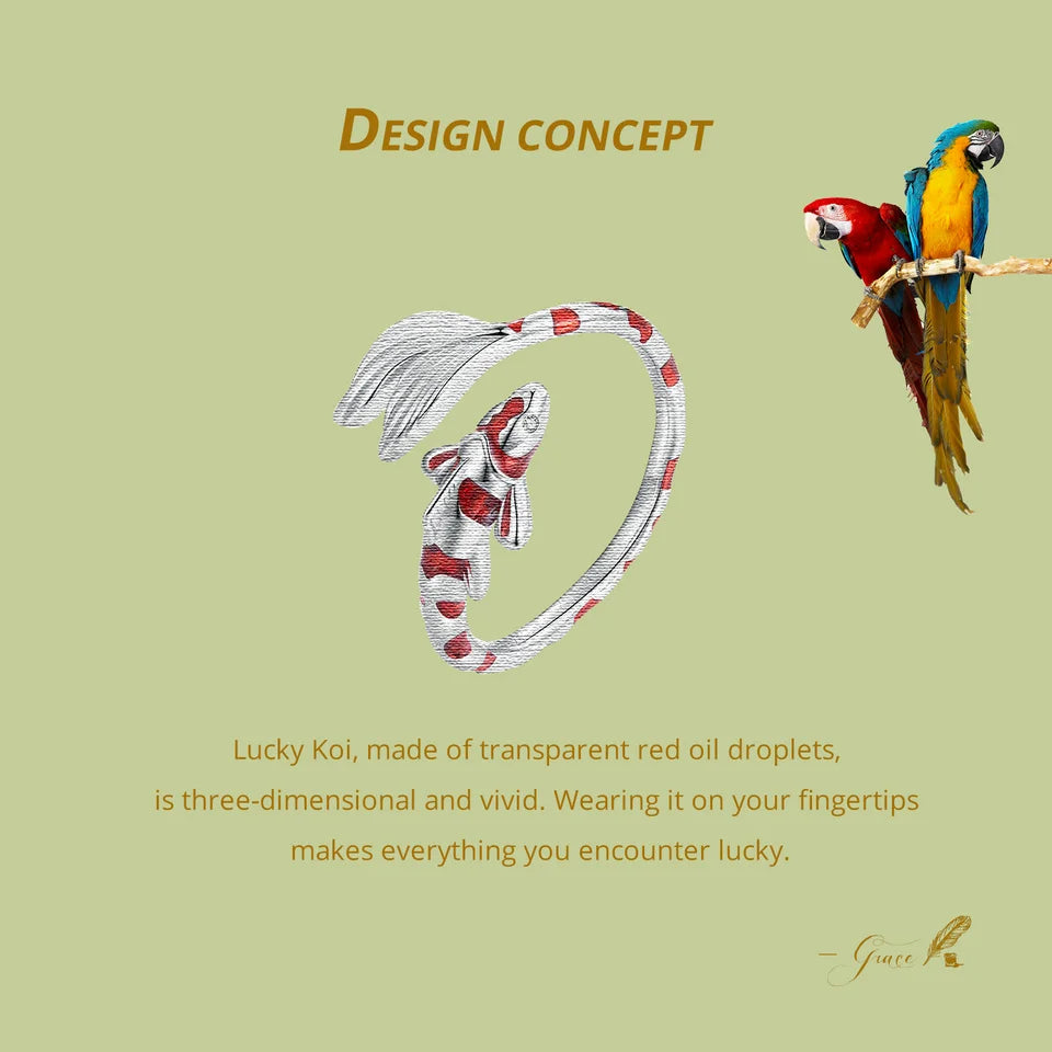 Adjustable Red Koi Fish Ring in 925 Sterling Silver – Lucky Animal Cocktail Ring with Zircon Detail