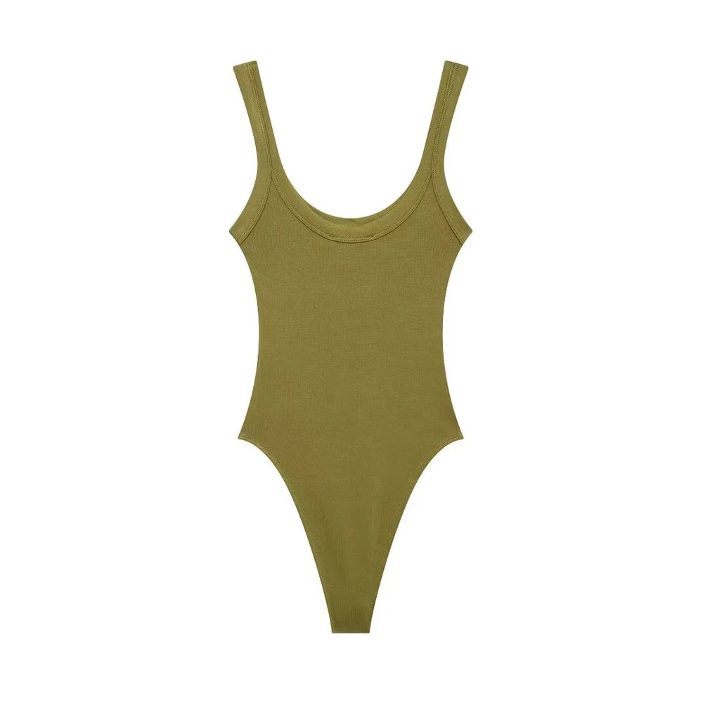 Skinny Ribbed Bodysuit for Women – O-Neck Strappy One-Piece with Snap Closure