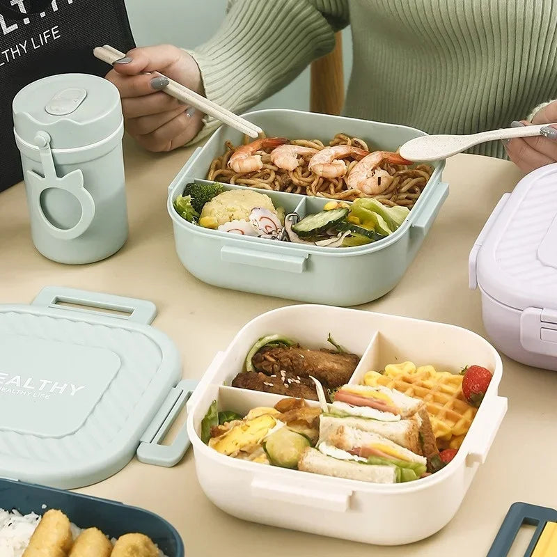 1300ml Portable Lunch Box with Tableware – Microwaveable Square Bento Box for School, Office, or Picnic