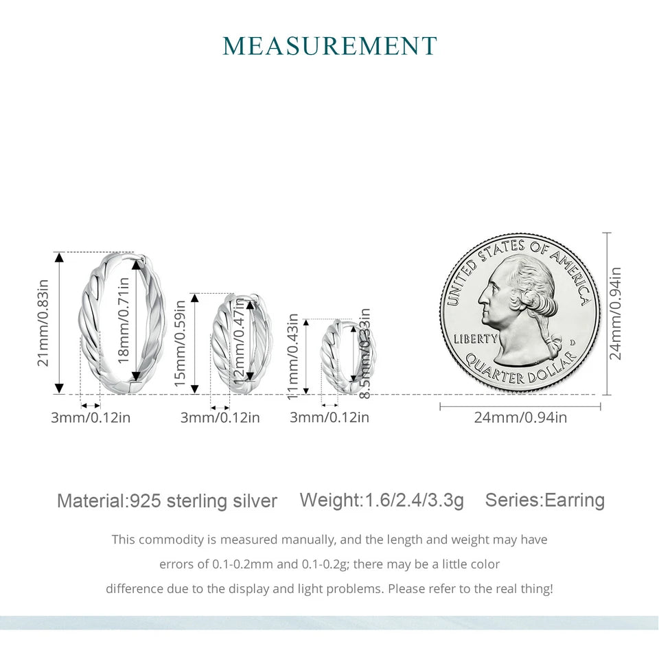 Sterling Silver Twisted Rope Huggie Hoop Earrings – White Gold Plated Lightweight Hypoallergenic Design