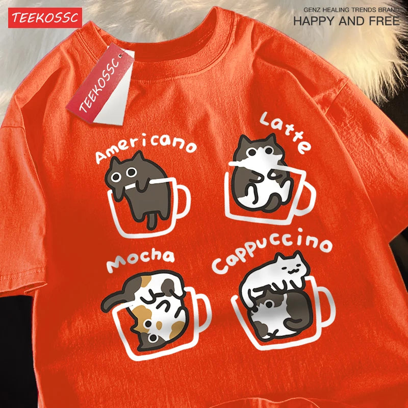 Cat Coffee Cotton T-Shirt – Fun Mocha Latte Print, Loose Fit Summer Tee for Men and Women