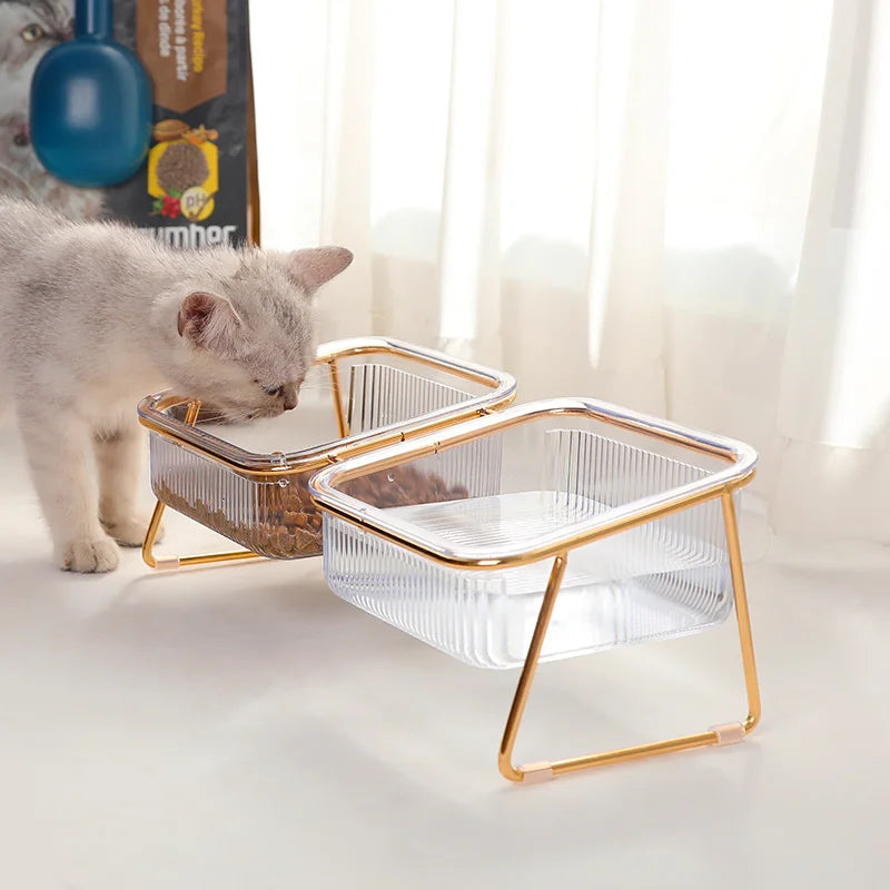 Transparent Double Cat Bowl with Tilted Stand – Anti-Slip Raised Pet Feeder for Food and Water