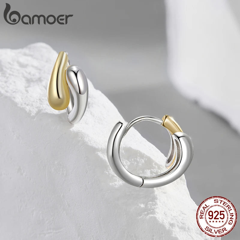 Two-Tone Waterdrop Hoop Earrings – 14K Gold & 925 Sterling Silver Chunky Twisted Link Style for Women