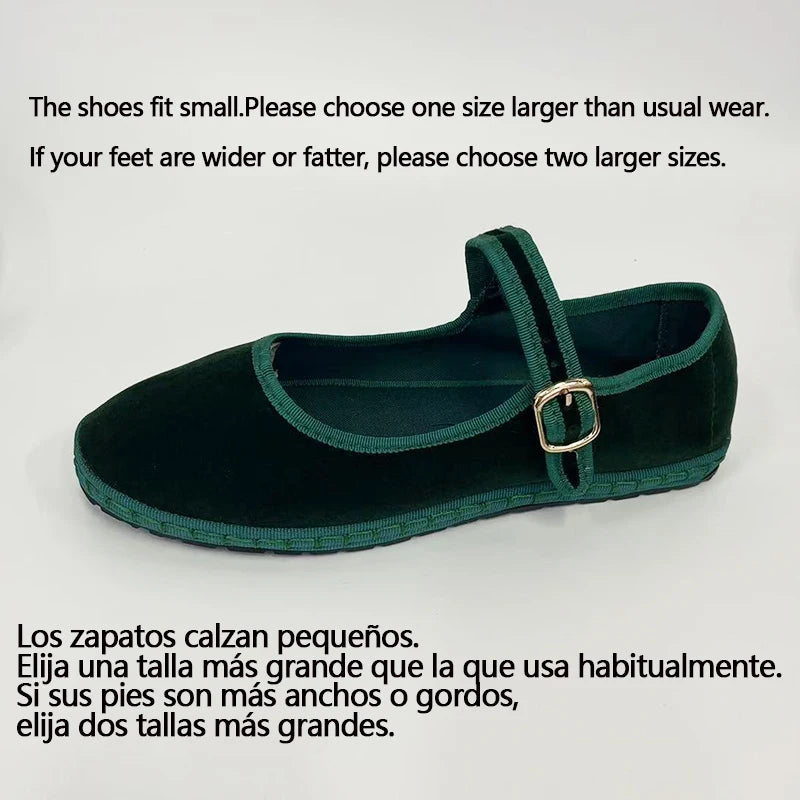 Velvet Canvas Mary Jane Flats – Hand-Stitched Casual Ballet Shoes for Women