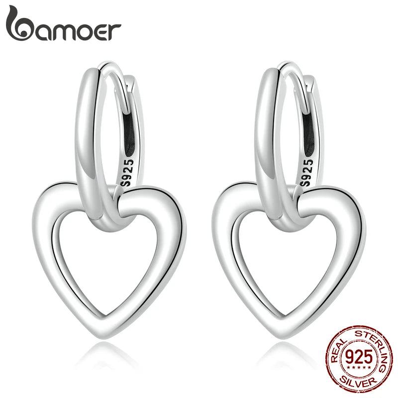 Sterling Silver Heart Drop Earrings – Simple Love Ear Buckles for Women in 925 Silver