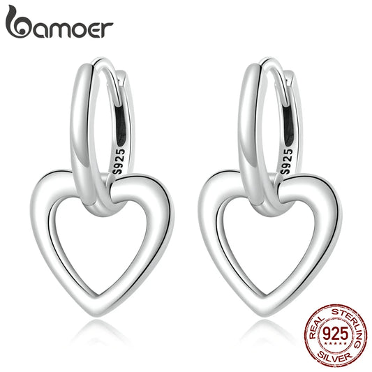 Sterling Silver Heart Drop Earrings – Simple Love Ear Buckles for Women in 925 Silver
