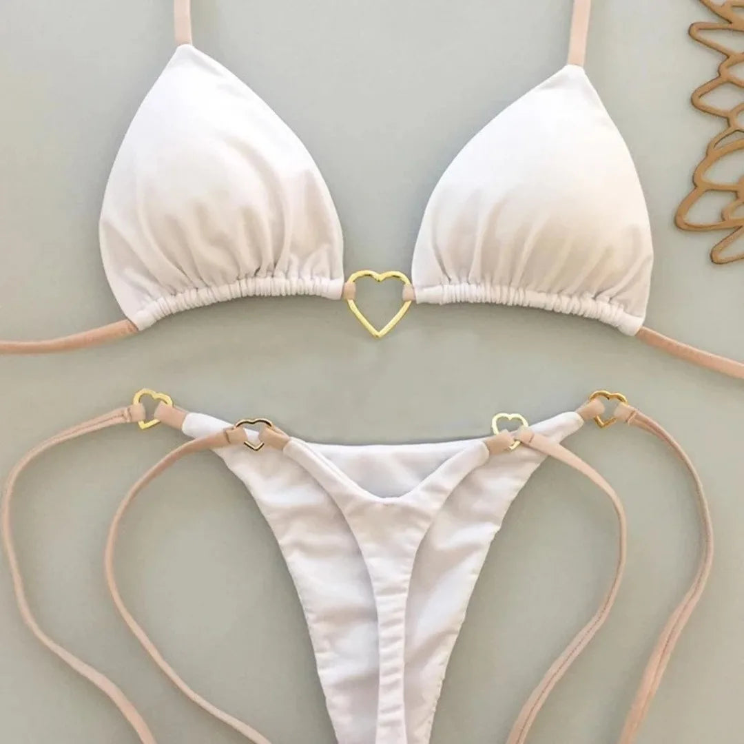 White Solid Color Lace-Up Bikini Set – Fashionable Low-Waist Two-Piece Swimsuit for Women, Wire-Free Summer Beachwear