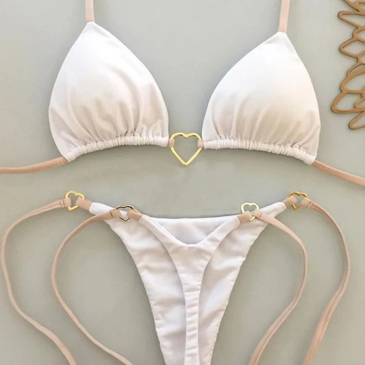 White Solid Color Lace-Up Bikini Set – Fashionable Low-Waist Two-Piece Swimsuit for Women, Wire-Free Summer Beachwear