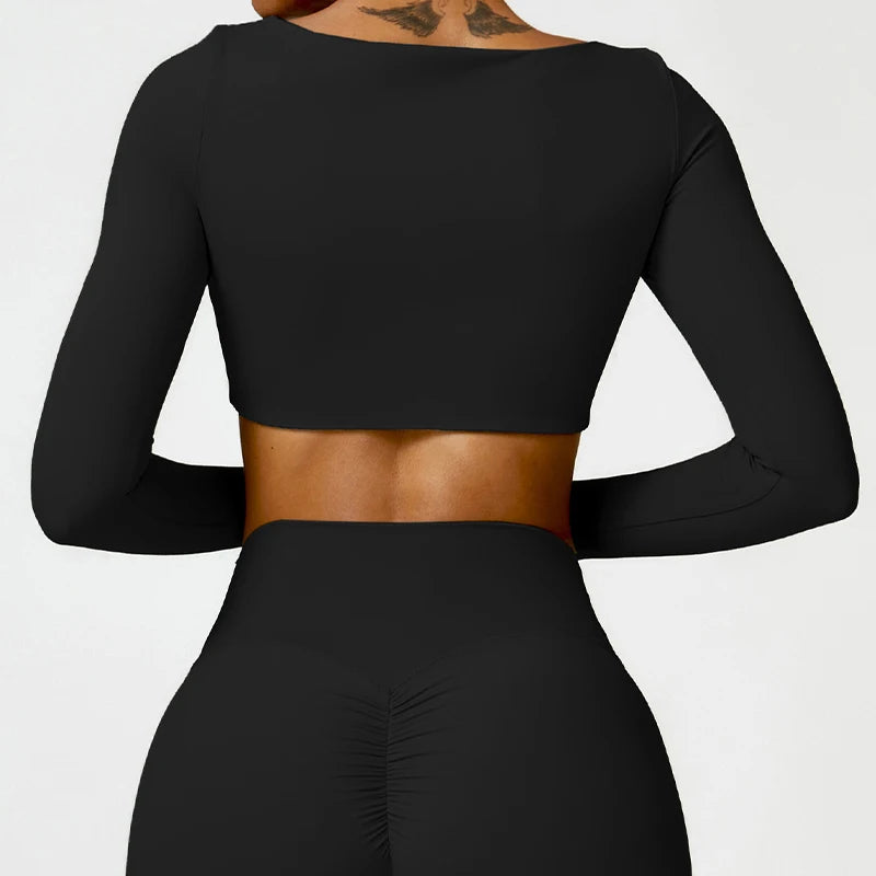 Square Neck Long Sleeve Sports Crop Top – Quick-Dry Yoga & Training Shirt for Women