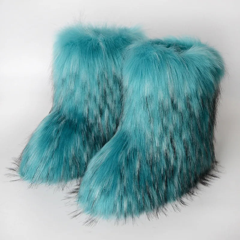 Women's Faux Fur Winter Snow Boots – Fluffy Plush Mid-Calf Slip-On Boots with Flat Sole for Cold Weather Comfort