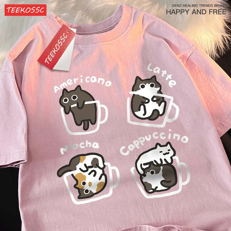 Cat Coffee Cotton T-Shirt – Fun Mocha Latte Print, Loose Fit Summer Tee for Men and Women