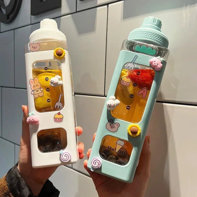 700ml/900ml Kawaii Pastel Straw Water Bottle – Cute Plastic Travel Cup for Juice, Tea, or Milk with Lid and Handle