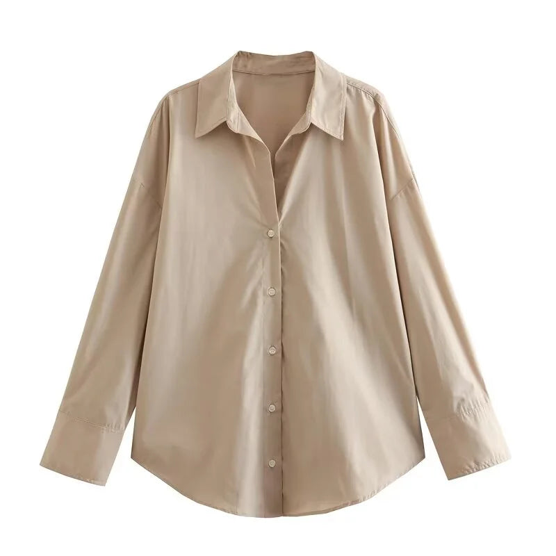 Women's Striped Poplin Button-Down Shirt – Loose Fit, Long Sleeve, Casual Lapel Top