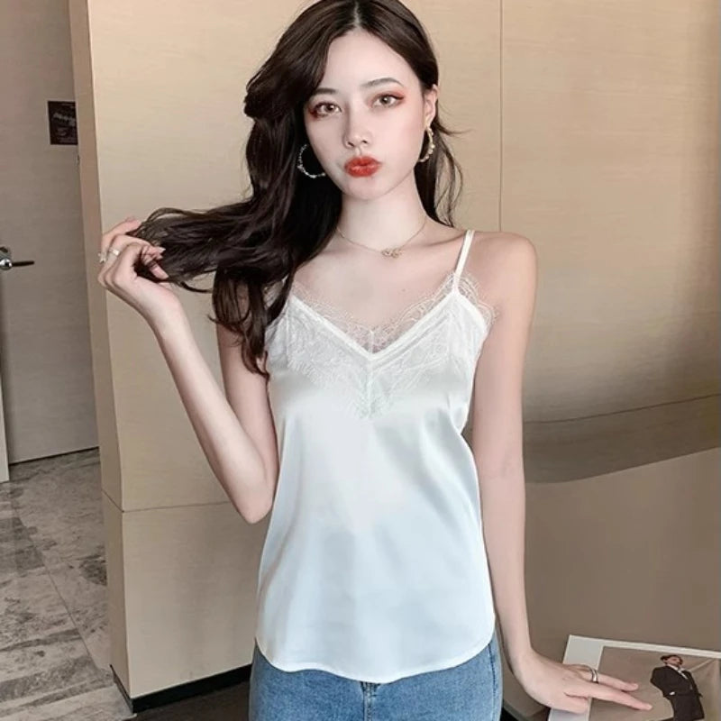 Summer Lace V-Neck Silk Tank Top – Women's Slim Fit Chiffon Camis Blouse for Office or Casual Wear