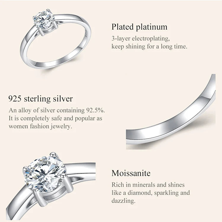 0.6 Carat Round Moissanite Engagement Ring – Platinum Plated 925 Sterling Silver Solitaire with 4-Prong Setting for Women